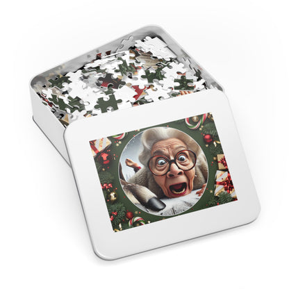 Funny Grandma Vs Reindeer Holiday Jigsaw Puzzle + Tin Box