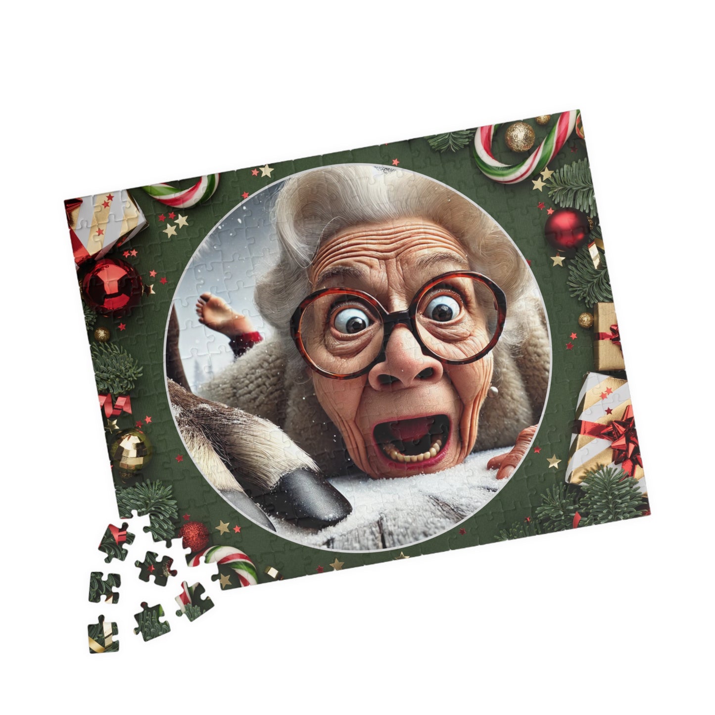 Funny Grandma Vs Reindeer Whimsical Holiday Puzzle