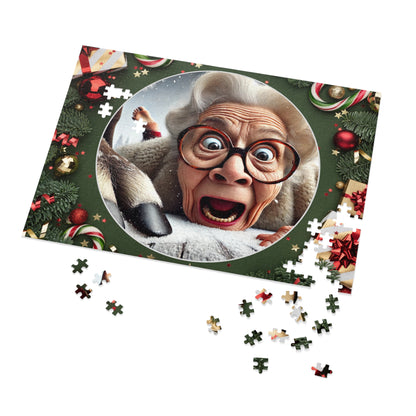 Funny Grandma Vs Reindeer Holiday Jigsaw Puzzle + Tin Box