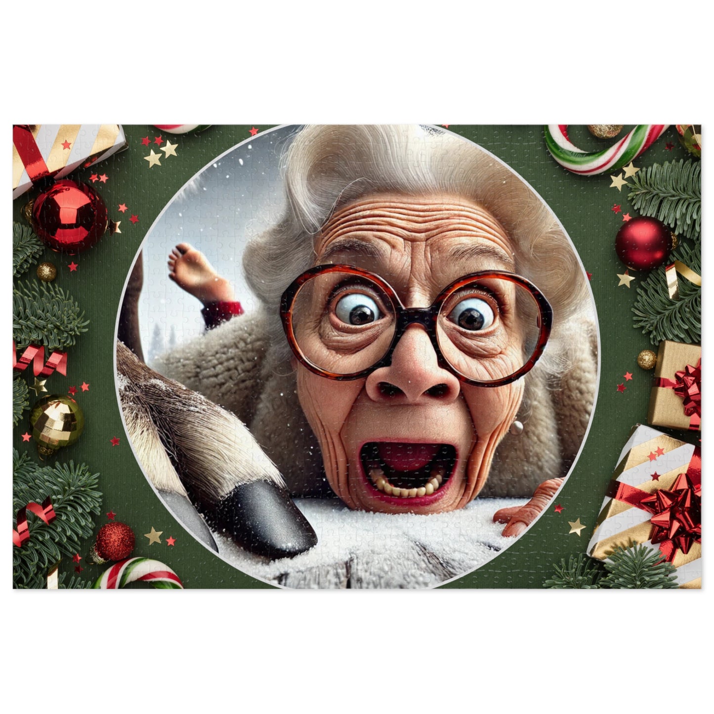 Funny Grandma Vs Reindeer Holiday Jigsaw Puzzle + Tin Box