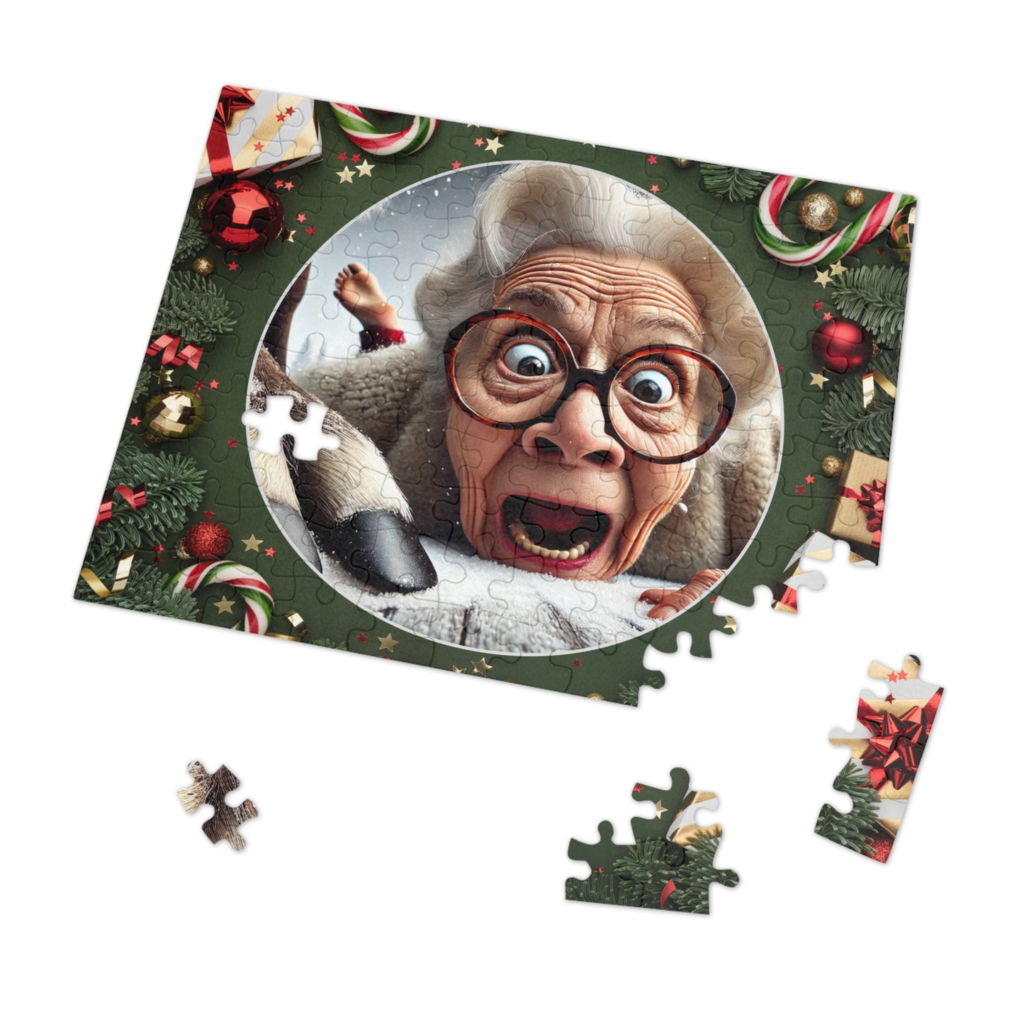 Funny Grandma Vs Reindeer Holiday Jigsaw Puzzle + Tin Box