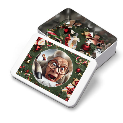 Funny Grandma Vs Reindeer Holiday Jigsaw Puzzle + Tin Box