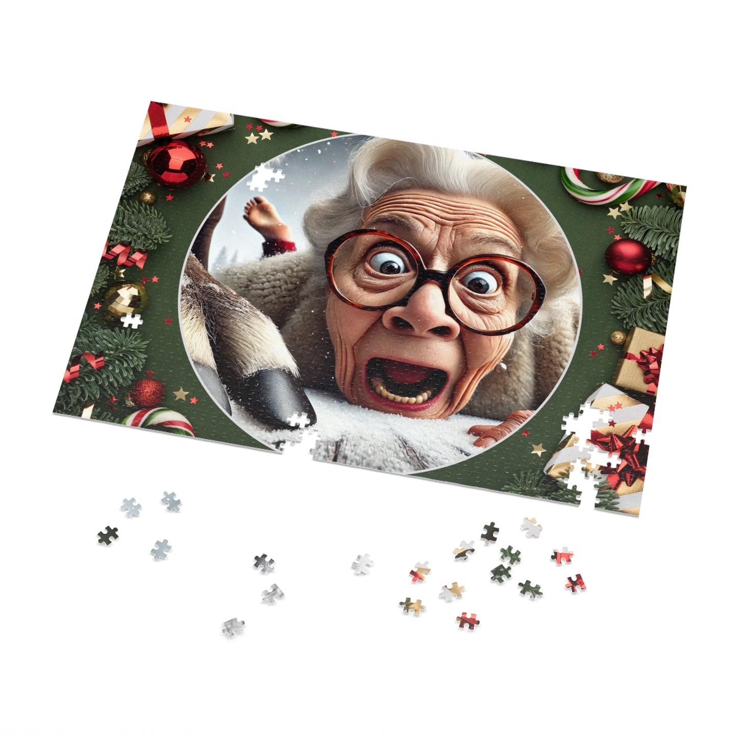 Funny Grandma Vs Reindeer Holiday Jigsaw Puzzle + Tin Box