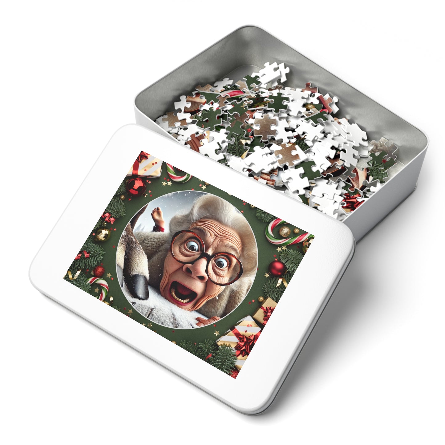 Funny Grandma Vs Reindeer Holiday Jigsaw Puzzle + Tin Box