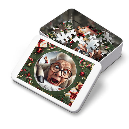 Funny Grandma Vs Reindeer Holiday Jigsaw Puzzle + Tin Box