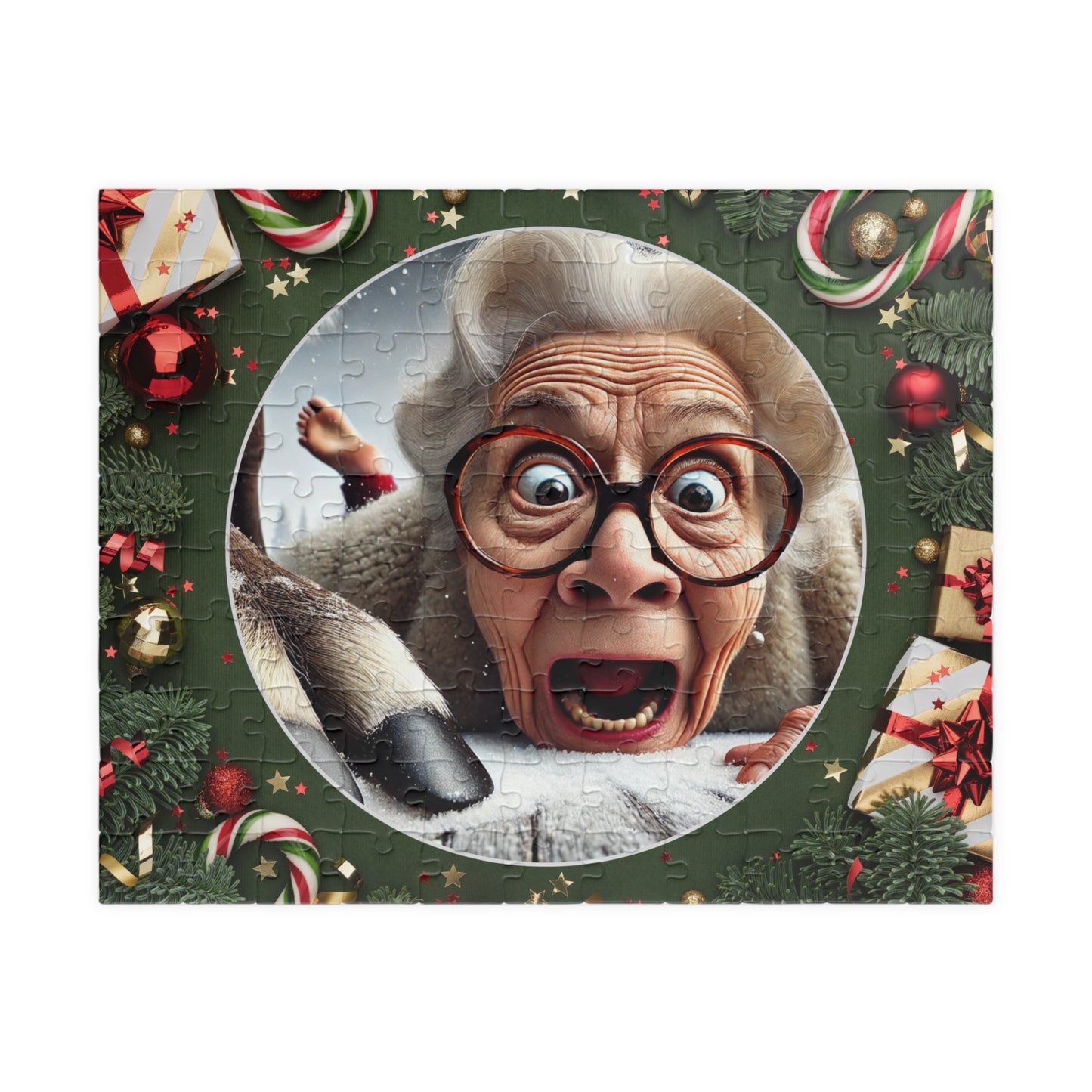 Funny Grandma Vs Reindeer Whimsical Holiday Puzzle