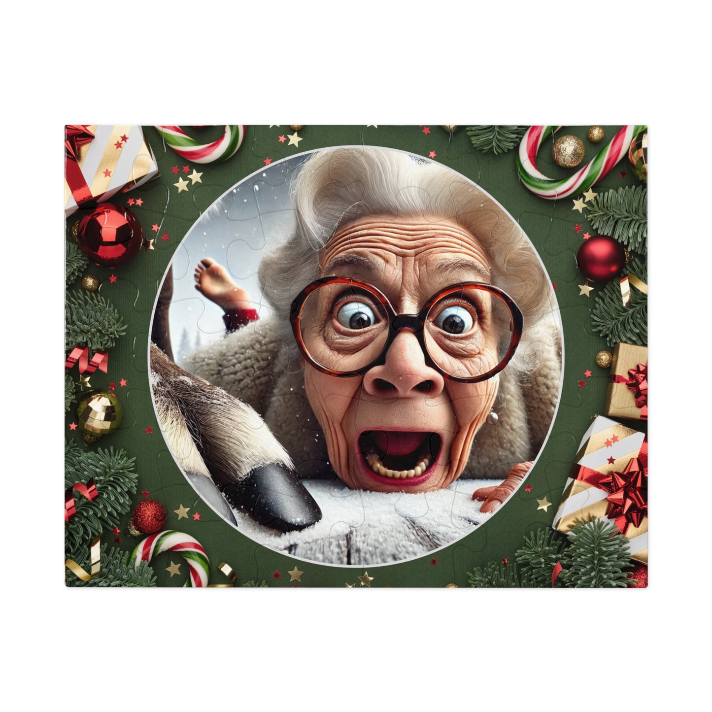 Funny Grandma Vs Reindeer Holiday Jigsaw Puzzle + Tin Box