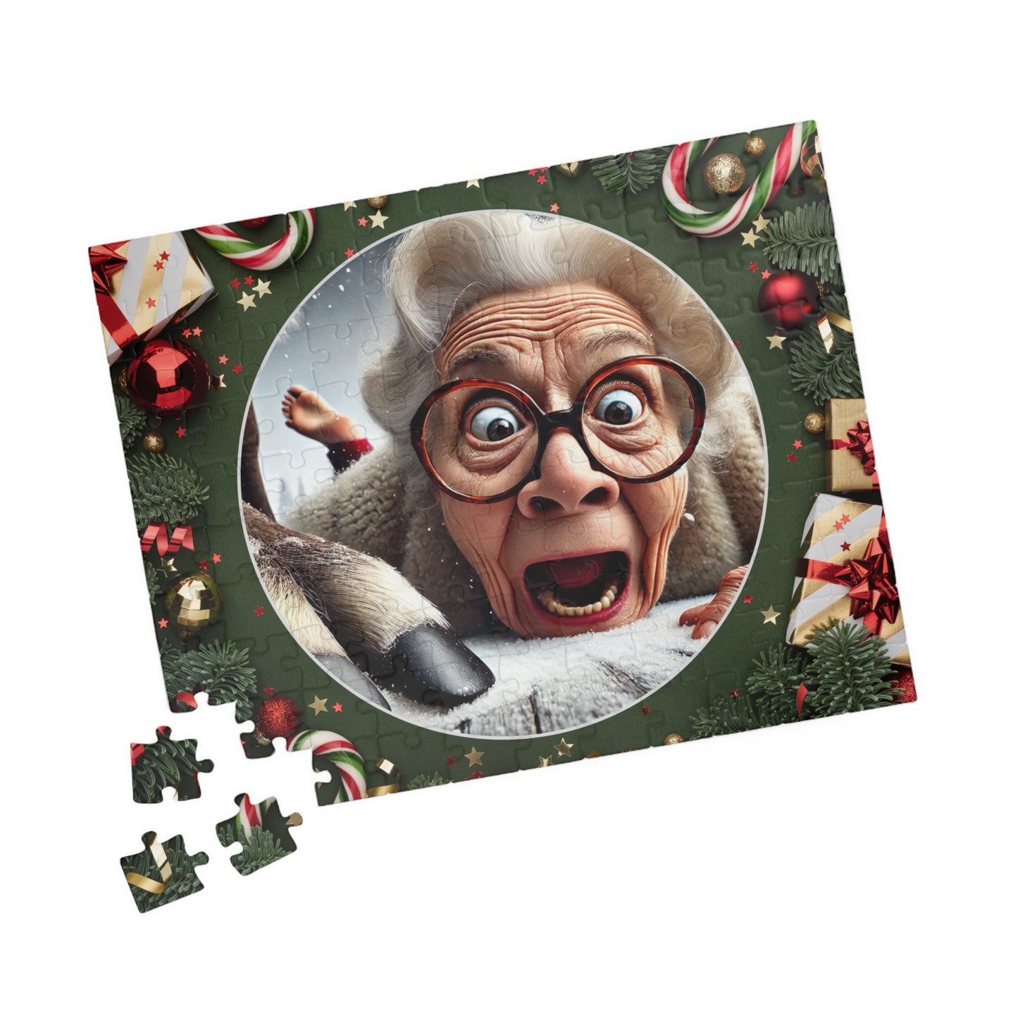 Funny Grandma Vs Reindeer Whimsical Holiday Puzzle