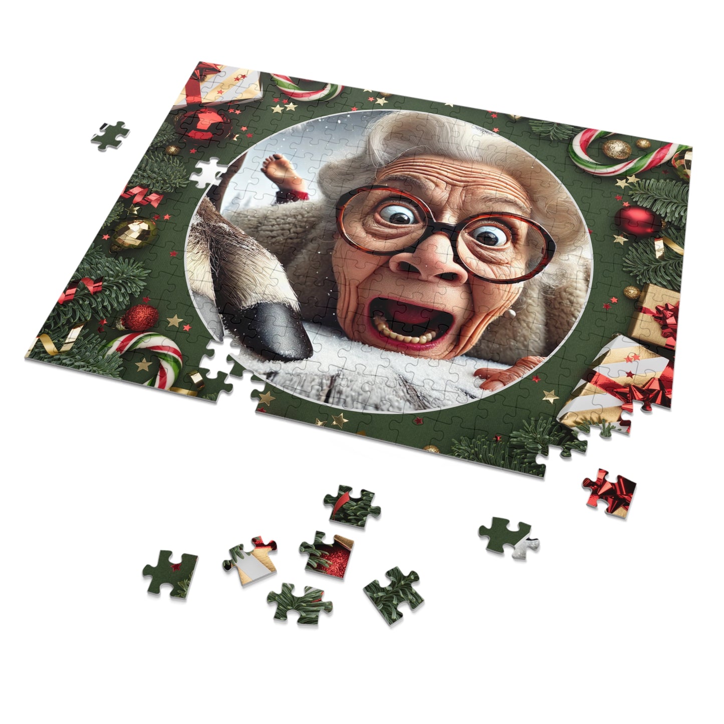 Funny Grandma Vs Reindeer Holiday Jigsaw Puzzle + Tin Box