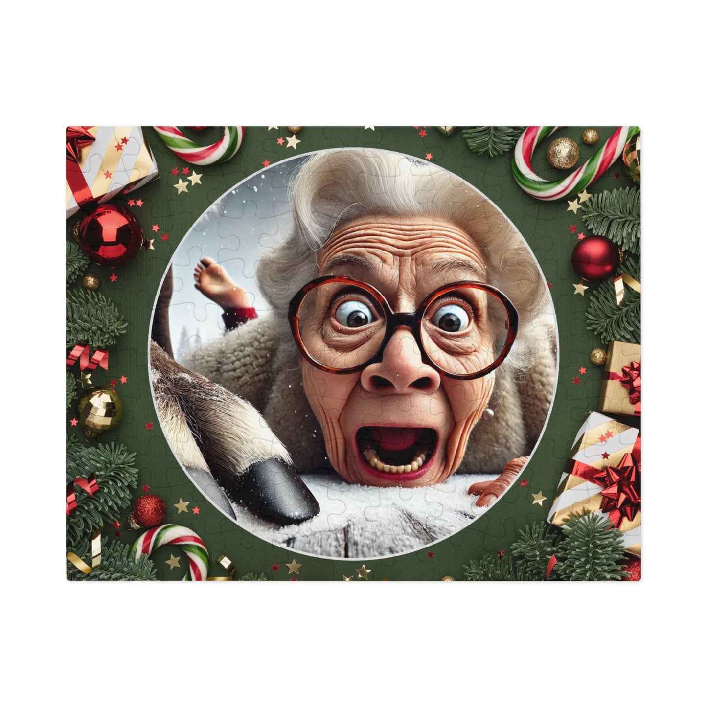 Funny Grandma Vs Reindeer Holiday Jigsaw Puzzle + Tin Box