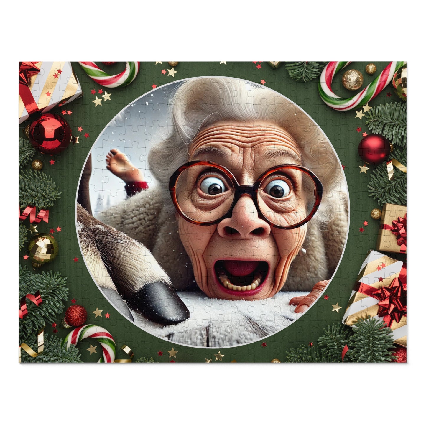 Funny Grandma Vs Reindeer Holiday Jigsaw Puzzle + Tin Box