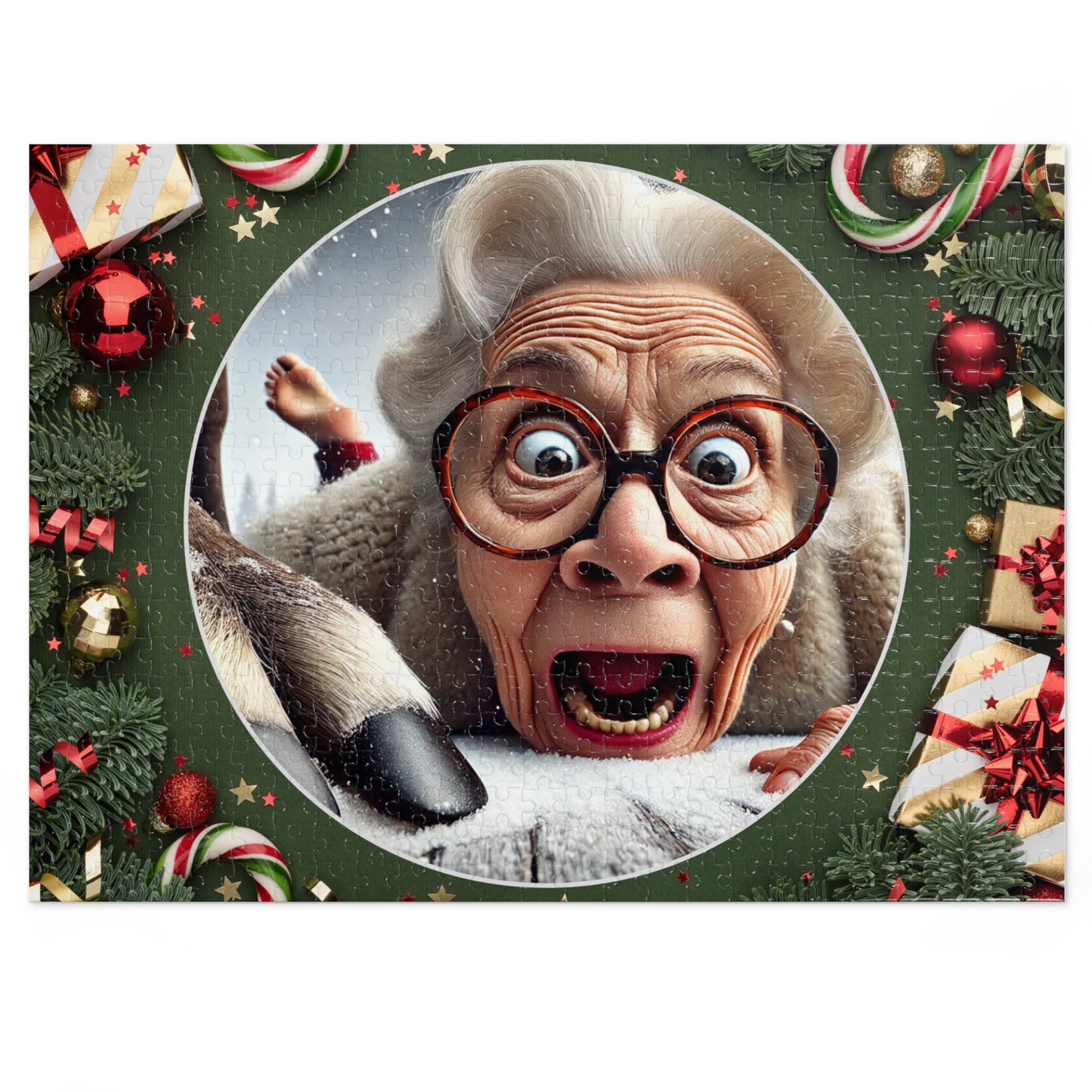 Funny Grandma Vs Reindeer Holiday Jigsaw Puzzle + Tin Box