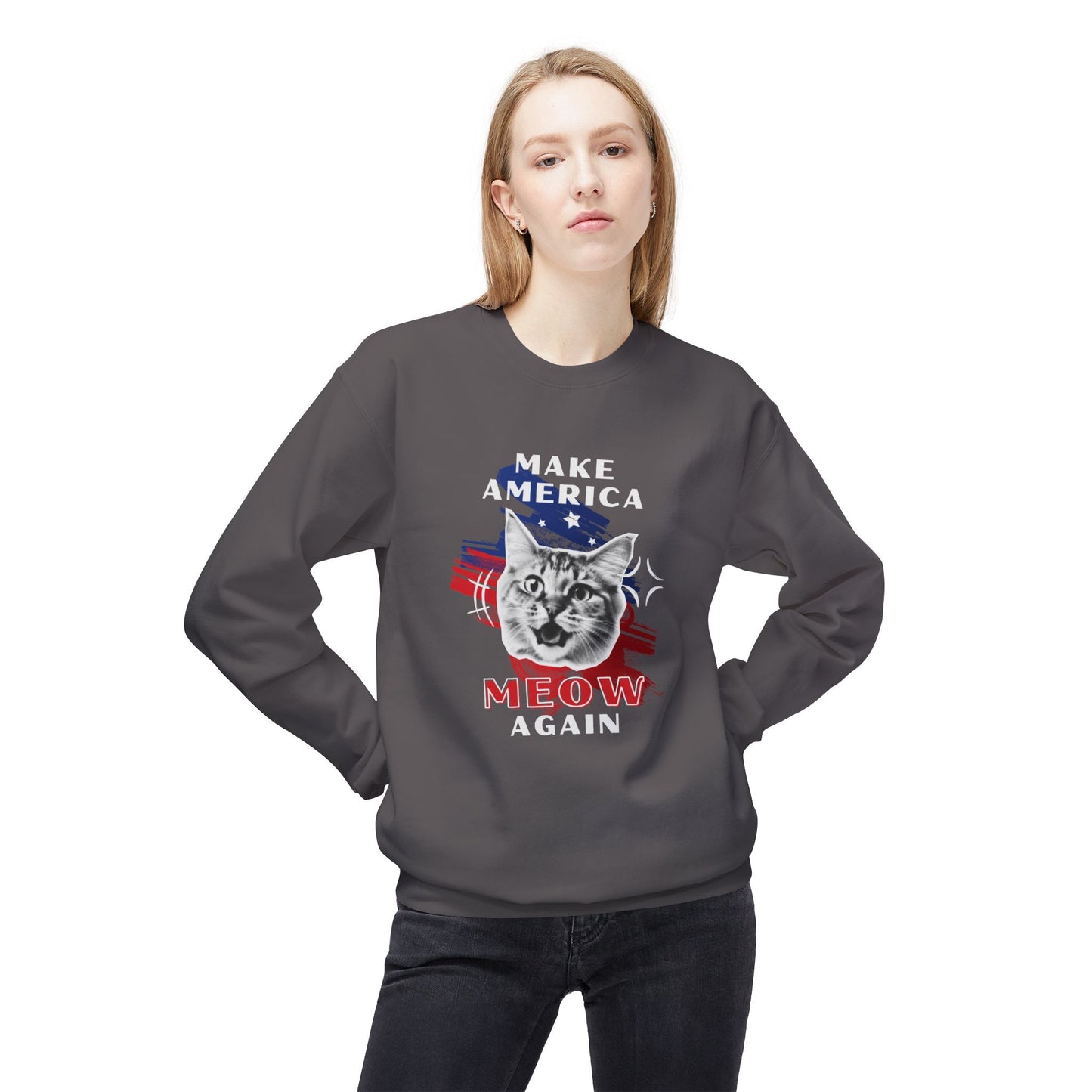 Make America Meow Again Political Meme Softstyle Fleece Crewneck Sweatshirt