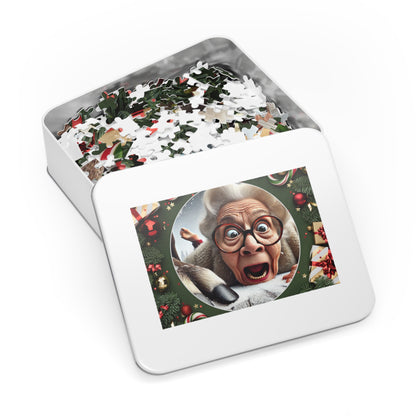 Funny Grandma Vs Reindeer Holiday Jigsaw Puzzle + Tin Box