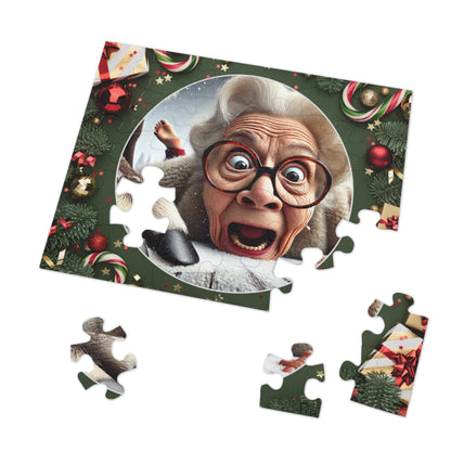 Funny Grandma Vs Reindeer Holiday Jigsaw Puzzle + Tin Box